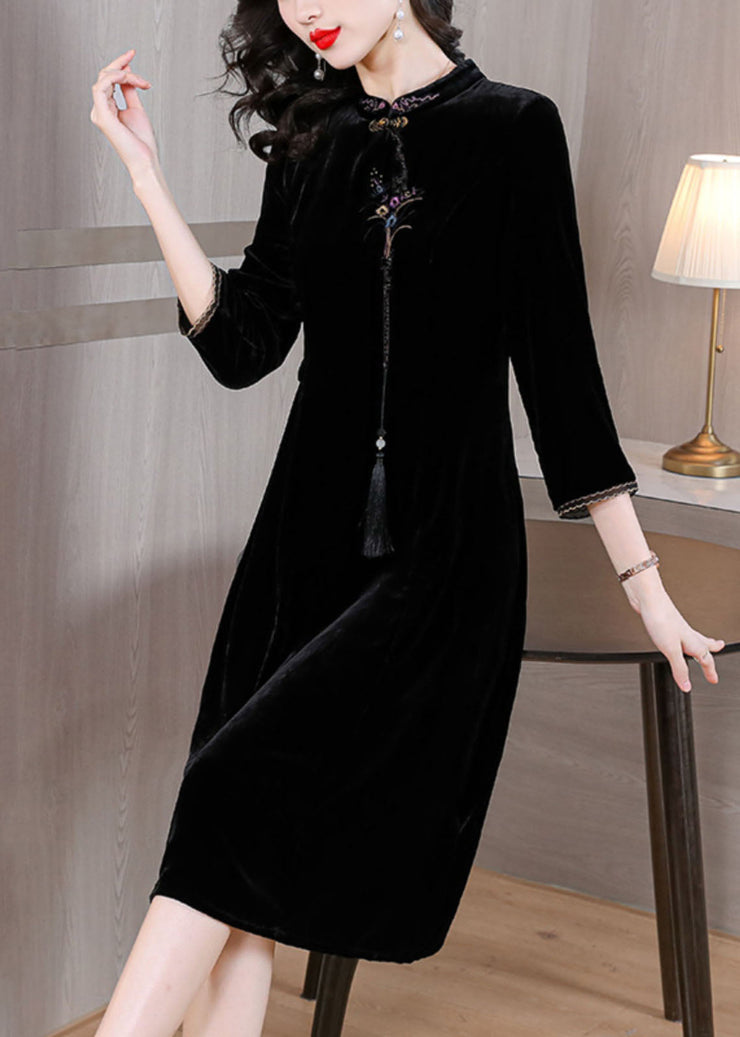 Classy Black Stand Collar Embroidered Floral Silk Velour Maxi Dress Fall