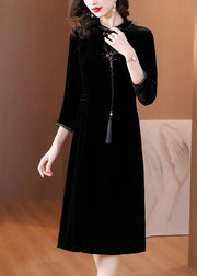 Classy Black Stand Collar Embroidered Floral Silk Velour Maxi Dress Fall