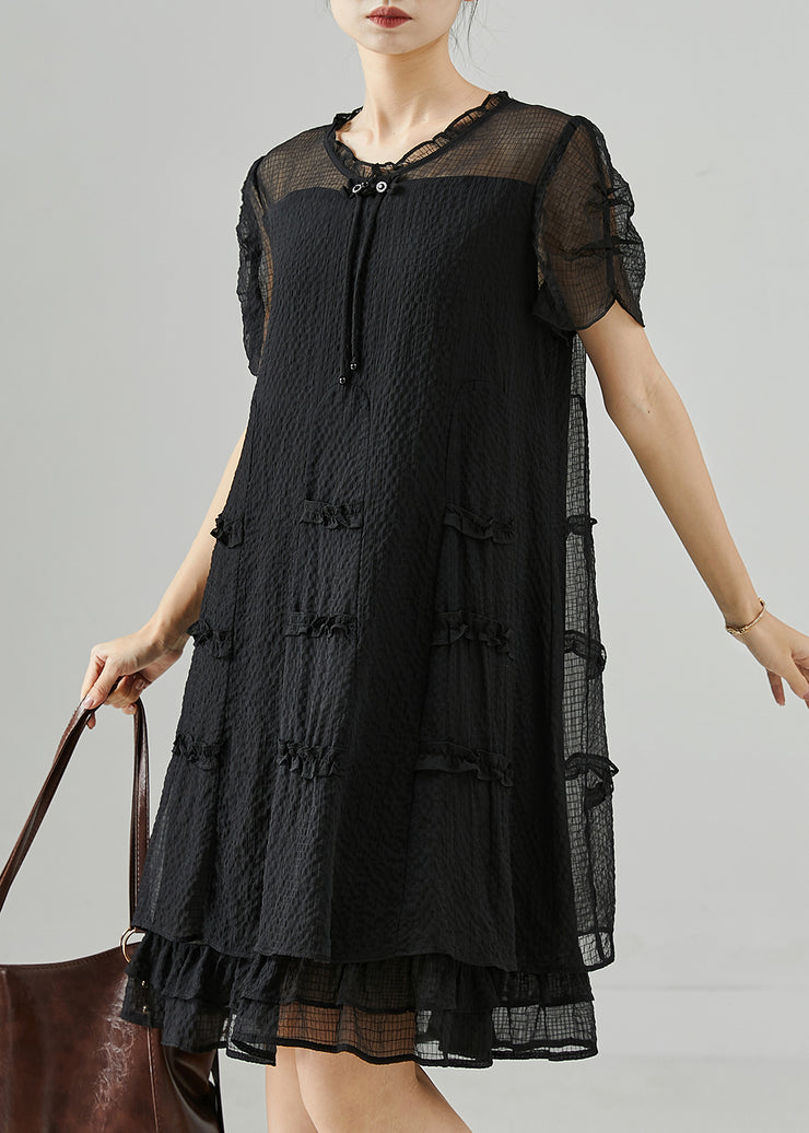 Classy Black Tasseled Ruffled Silk Mid Dress Summer