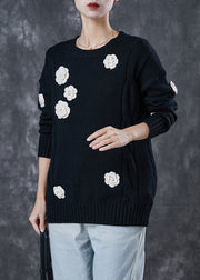 Classy Black Thick Stereoscopic Floral Knit Sweaters Spring