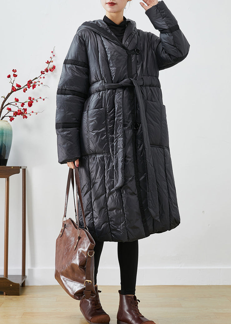 Classy Black Tie Waist Oversized Warm Duck Down Jacket In Winter