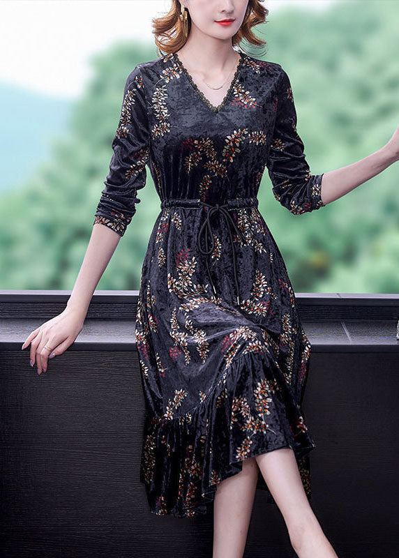 Classy Black V Neck Patchwork Ruffles Print Silk Velour Cinched Dresses Spring