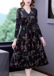 Classy Black V Neck Patchwork Ruffles Print Silk Velour Cinched Dresses Spring