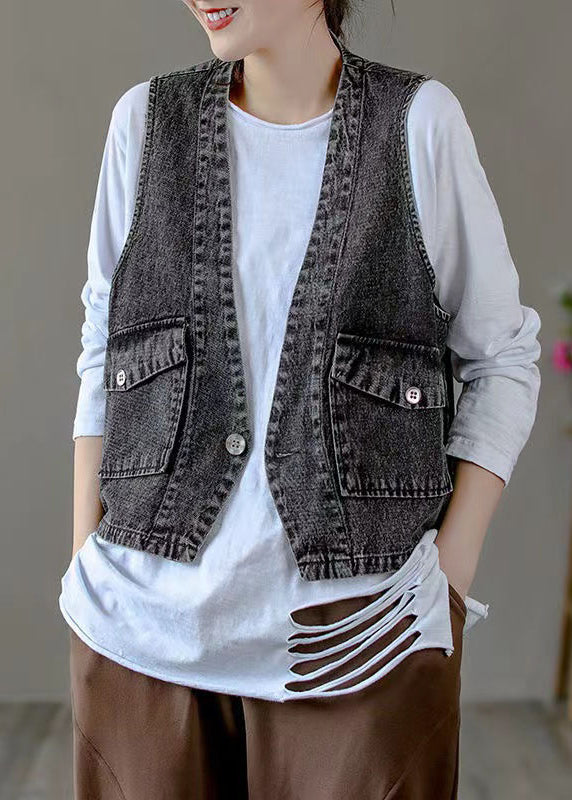 Classy Black V Neck Pockets Patchwork Denim Waistcoat Fall