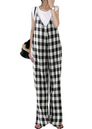 Classy Black White Plaid Oversized Cotton Overalls Jumpsuit Summer