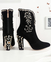 Classy Black Zircon Zippered Suede High Heel Boots