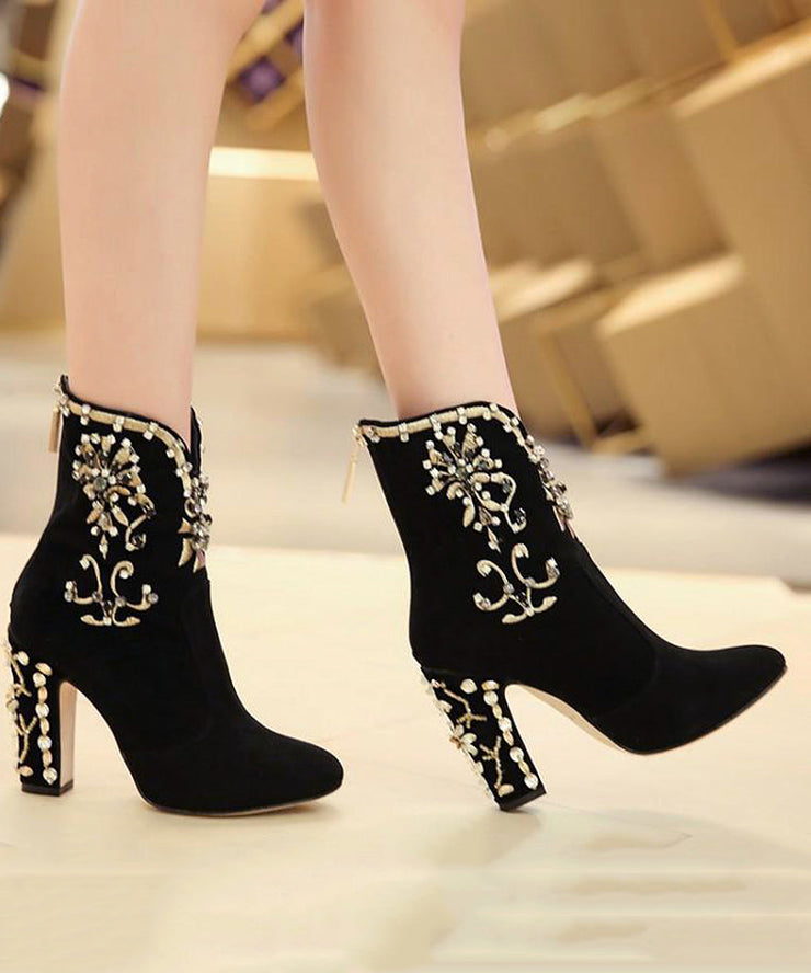 Classy Black Zircon Zippered Suede High Heel Boots