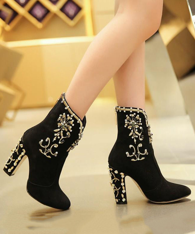 Classy Black Zircon Zippered Suede High Heel Boots