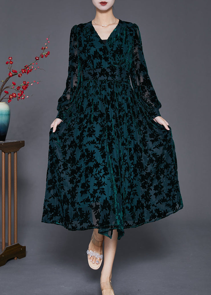 Classy Blackish Green V Neck Jacquard Silk Velour Vacation Dresses Fall