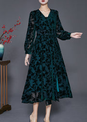 Classy Blackish Green V Neck Jacquard Silk Velour Vacation Dresses Fall