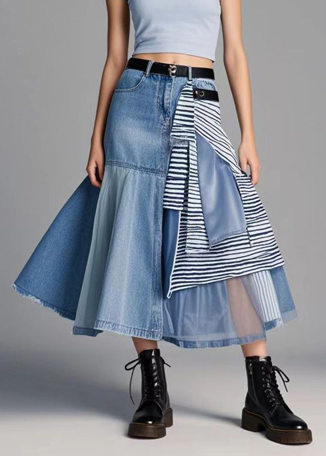 Classy Blue Asymmetrical Patchwork Organza Denim Skirt Spring