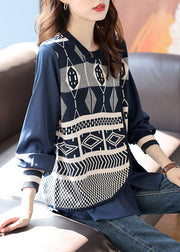 Classy Blue Asymmetrical Print Knit Patchwork Shirts Long Sleeve