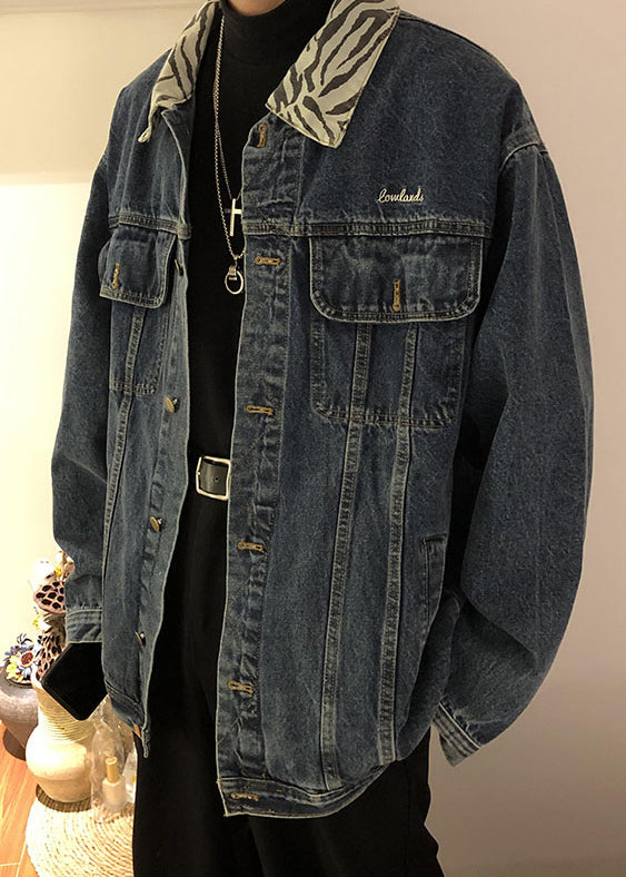 Classy Blue Button Pockets Patchwork Denim Mens Coats Fall