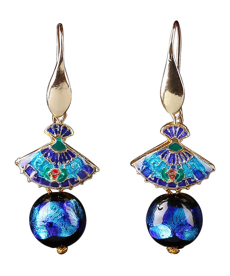 Classy Blue Copper Cloisonne Coloured Glaze Fan Drop Earrings