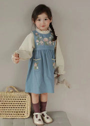 Classy Blue Embroideried Pockets Patchwork Cotton Girls Two Pieces Set Fall