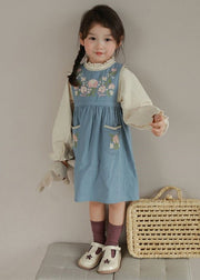 Classy Blue Embroideried Pockets Patchwork Cotton Girls Two Pieces Set Fall