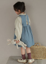 Classy Blue Embroideried Pockets Patchwork Cotton Girls Two Pieces Set Fall