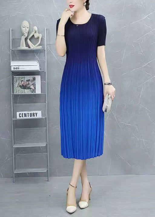 Classy Blue Gradient O Neck Wrinkled Silk Dress Summer