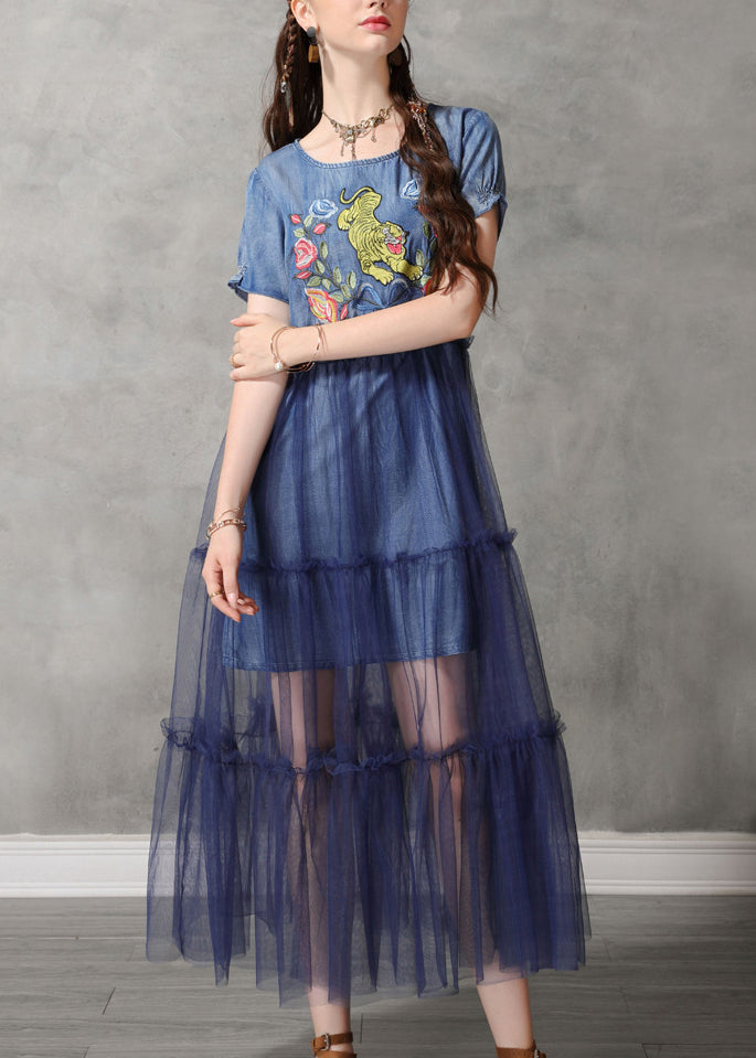 Classy Blue O-Neck Embroidered Tulle Patchwork Long Denim Dresses Short Sleeve