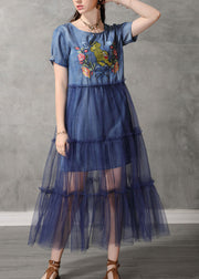 Classy Blue O-Neck Embroidered Tulle Patchwork Long Denim Dresses Short Sleeve