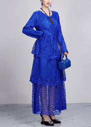 Classy Blue O Neck Hollow Out Lace Long Dress Fall