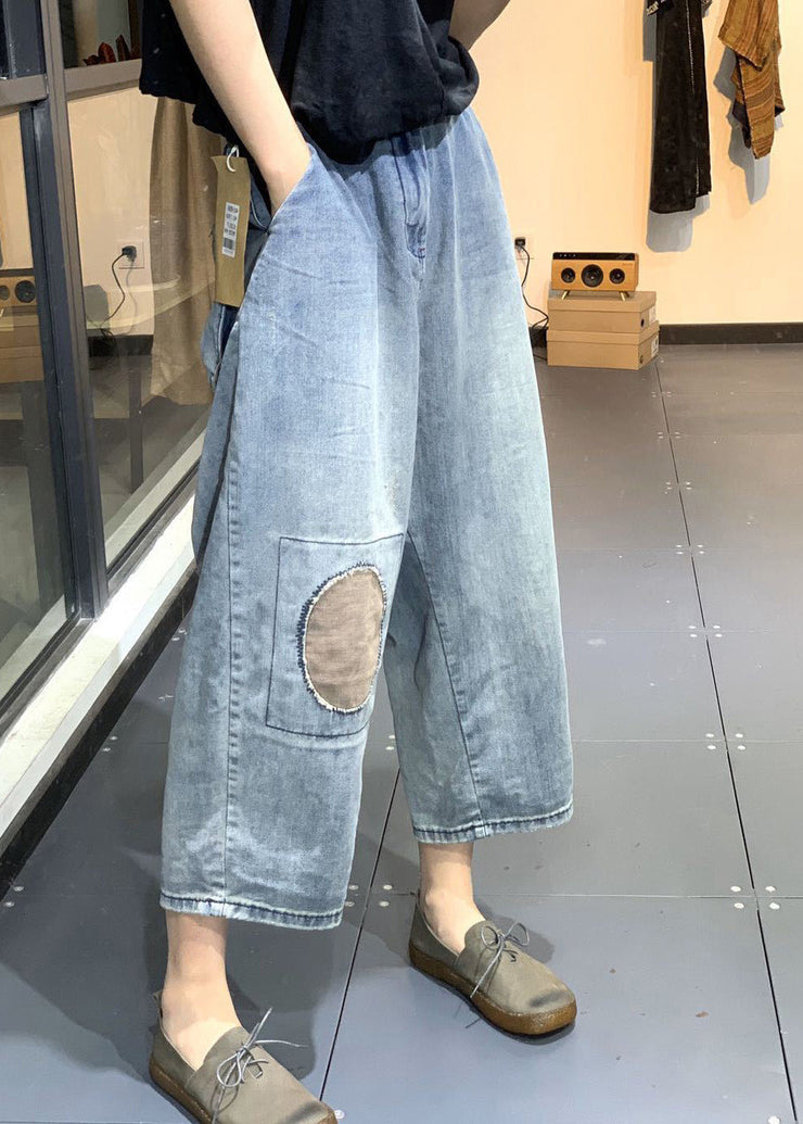 Classy Blue Patchwork High Waist Denim Crop Pants Summer