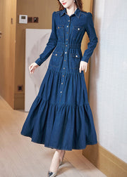 Classy Blue Peter Pan Collar Wrinkled Patchwork Denim Dress Long Sleeve