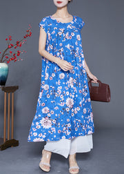 Classy Blue Print Wrinkled Cotton A Line Dresses Summer