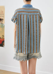 Classy Blue Puff Sleeve Striped Cotton Shirt Top Summer