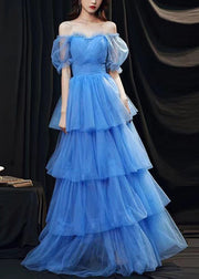 Classy Blue Ruffled Layered Patchwork Tulle Party Dresses Summer