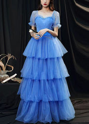 Classy Blue Ruffled Layered Patchwork Tulle Party Dresses Summer