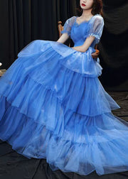 Classy Blue Ruffled Layered Patchwork Tulle Party Dresses Summer