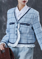 Classy Blue Ruffled Patchwork Cotton Coats Spring