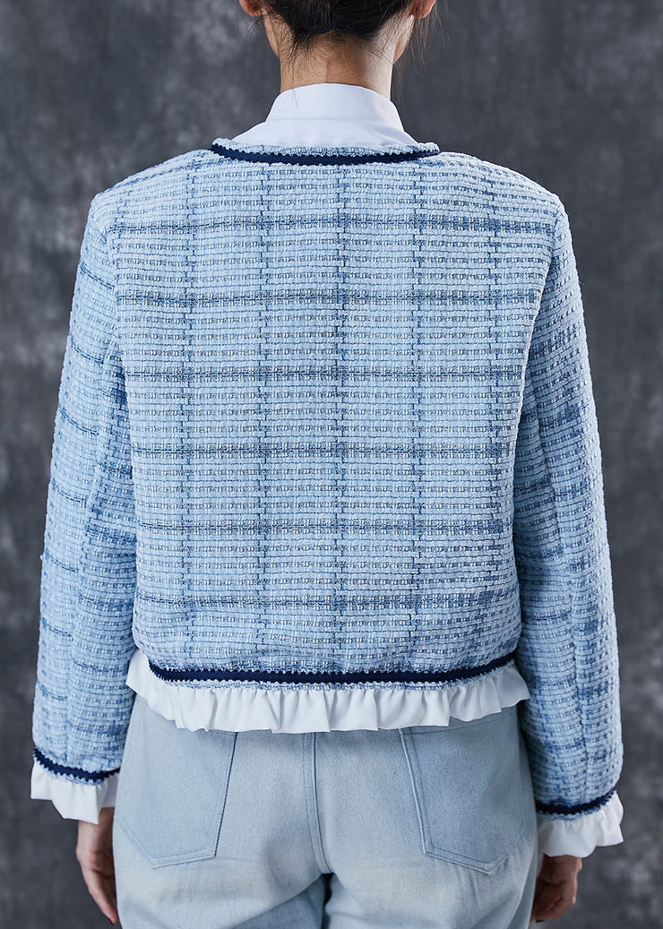 Classy Blue Ruffled Patchwork Cotton Coats Spring