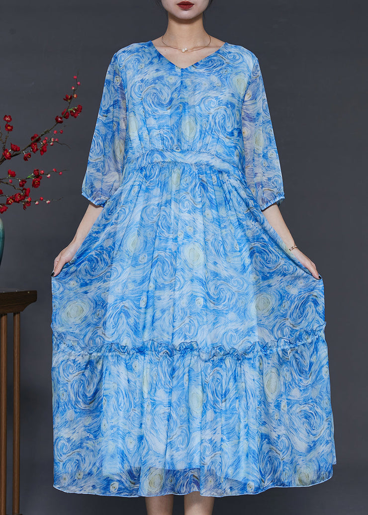 Classy Blue Ruffled Print Chiffon Long Dress Summer