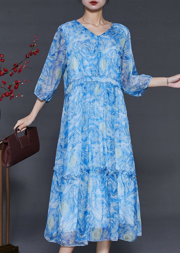 Classy Blue Ruffled Print Chiffon Long Dress Summer