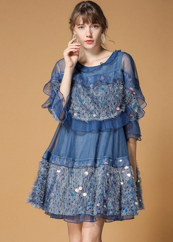 Classy Blue Sequins Velour Patchwork Tulle Day Dress Half Sleeve