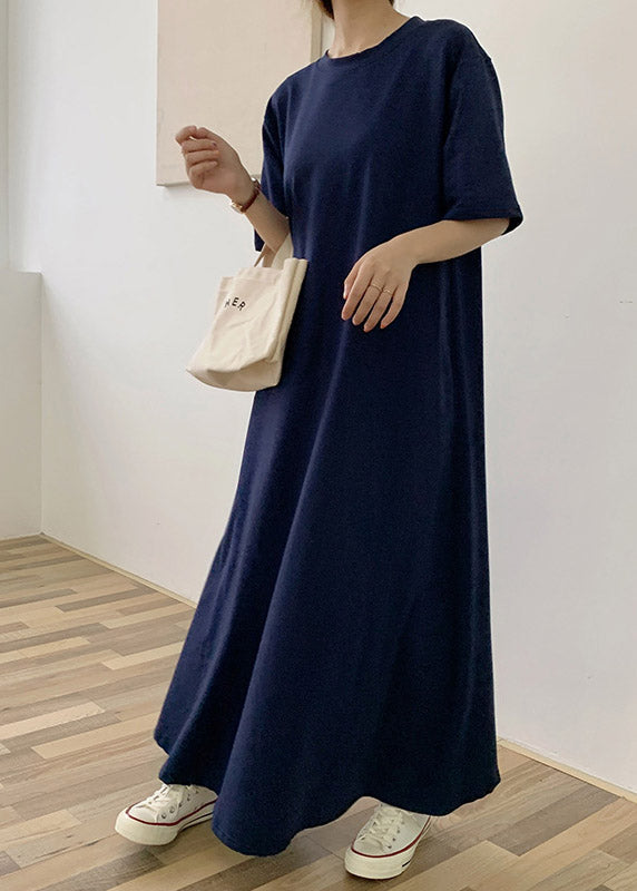 Classy Blue Solid Cotton Long Dresses Summer