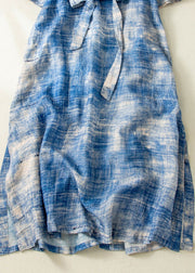 Classy Blue Tie Dye Side Open Tie Waist Linen Long Dresses Summer