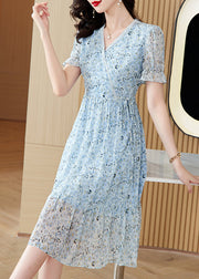 Classy Blue V Neck Print Wrinkled Chiffon Dress Summer