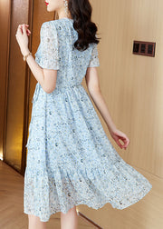 Classy Blue V Neck Print Wrinkled Chiffon Dress Summer