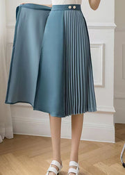 Classy Blue Wrinkled Asymmetrical Patchwork Cotton Skirts Spring