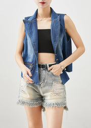 Classy Blue Zip Up Silm Fit Denim Vests Fall