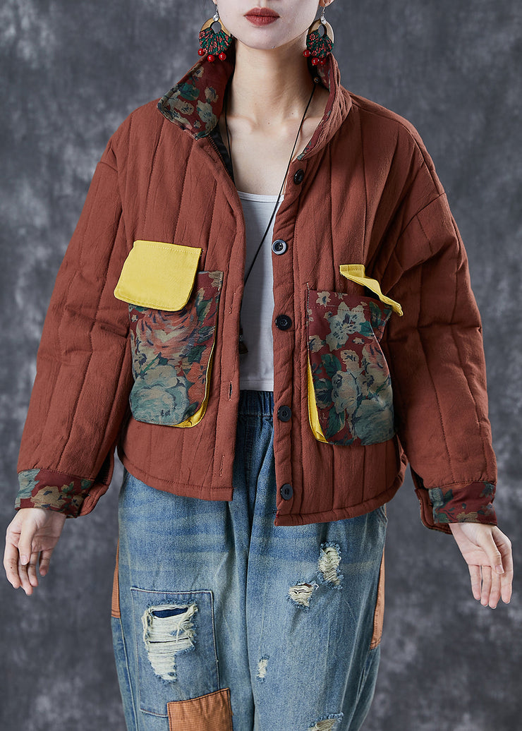 Classy Brick Red Oversized Patchwork Fine Cotton Filled Witner Coat