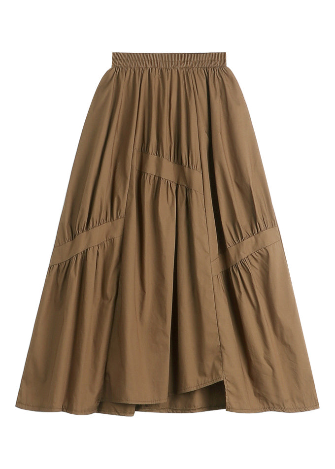 Classy Brown Asymmetrical Patchwork Wrinkled Elastic Waist Pockets Skirts Summer