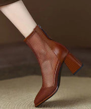 Classy Brown Hollow Out Tulle Splicing Chunky Heel Boots