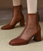 Classy Brown Hollow Out Tulle Splicing Chunky Heel Boots