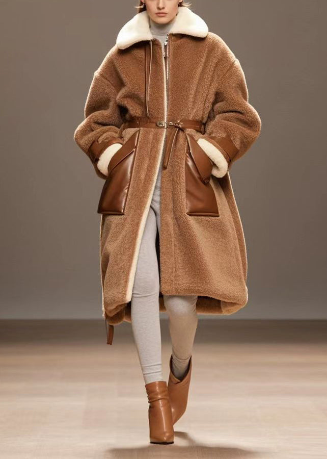 Classy Brown Oversized Patchwork Warm Fleece Coat Outwear Winter