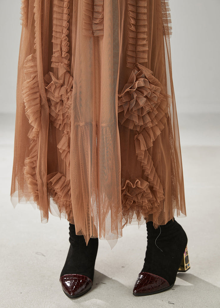 Classy Brown Ruffled Stereoscopic Floral Tulle Skirt Spring