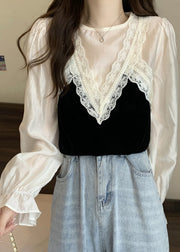 Classy Camel Ruffled Lace Patchwork Cotton Tops Fall